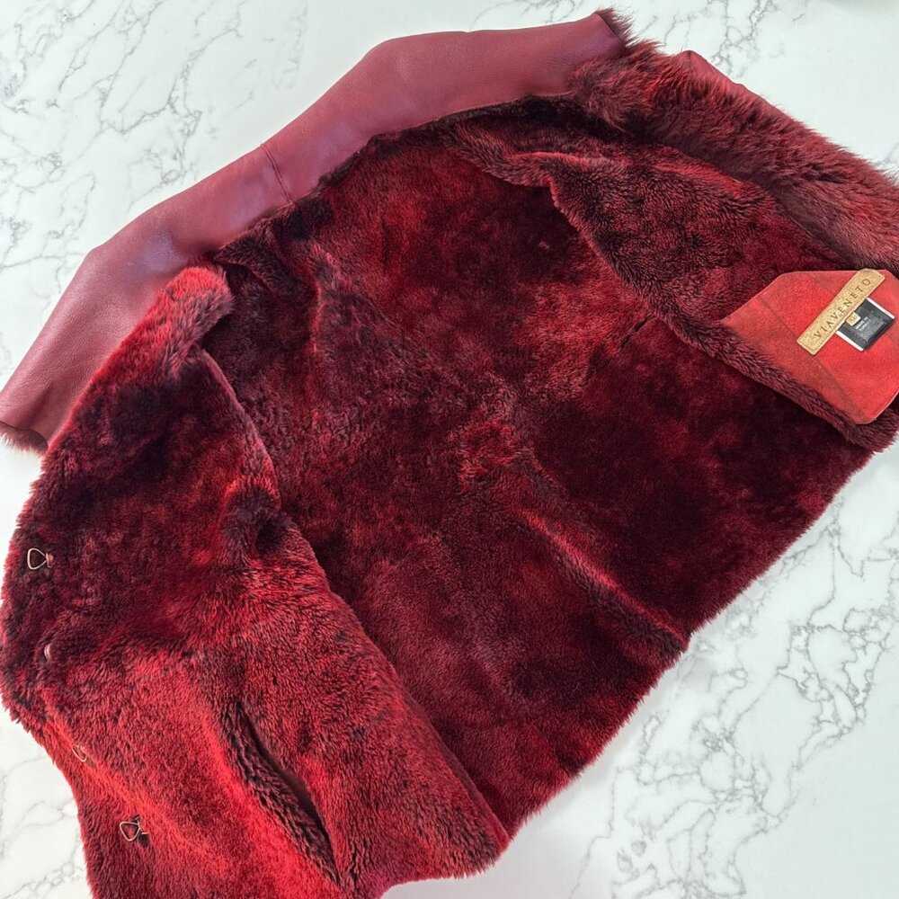 Vintage Via Veneto Genuine Shearling Leather Jacket - Burgundy - Size XL - Picture 5 of 8